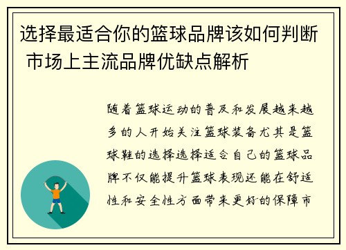 选择最适合你的篮球品牌该如何判断 市场上主流品牌优缺点解析