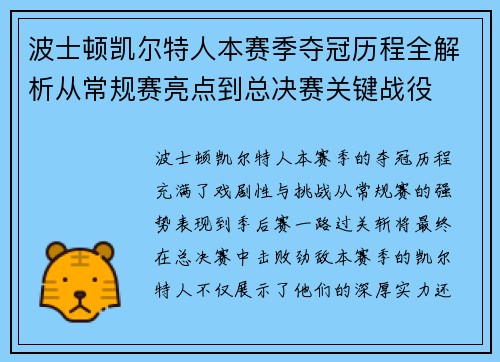 波士顿凯尔特人本赛季夺冠历程全解析从常规赛亮点到总决赛关键战役