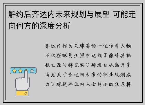 解约后齐达内未来规划与展望 可能走向何方的深度分析